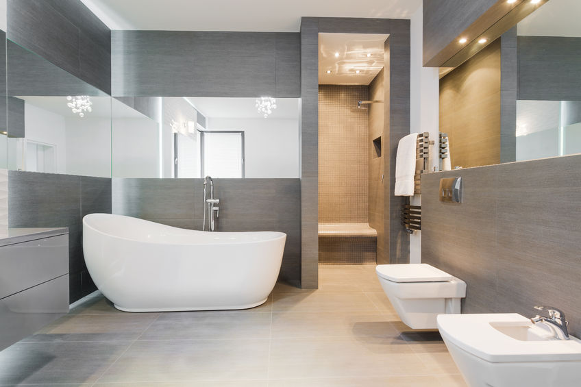41889875 – designed freestanding bath in gray modern bathroom