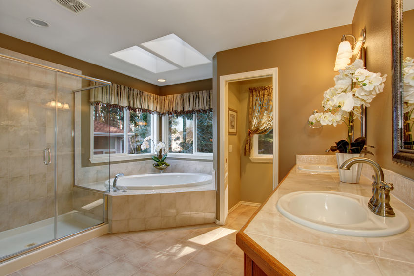 43014385 – large elegant master bathroom with shower, and big bath tub.