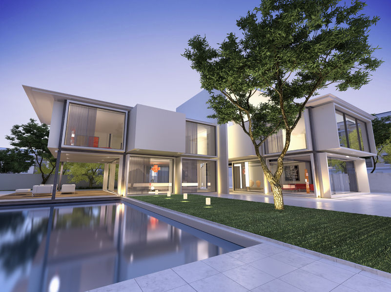 30464447 – external view of a contemporary house with pool at dusk